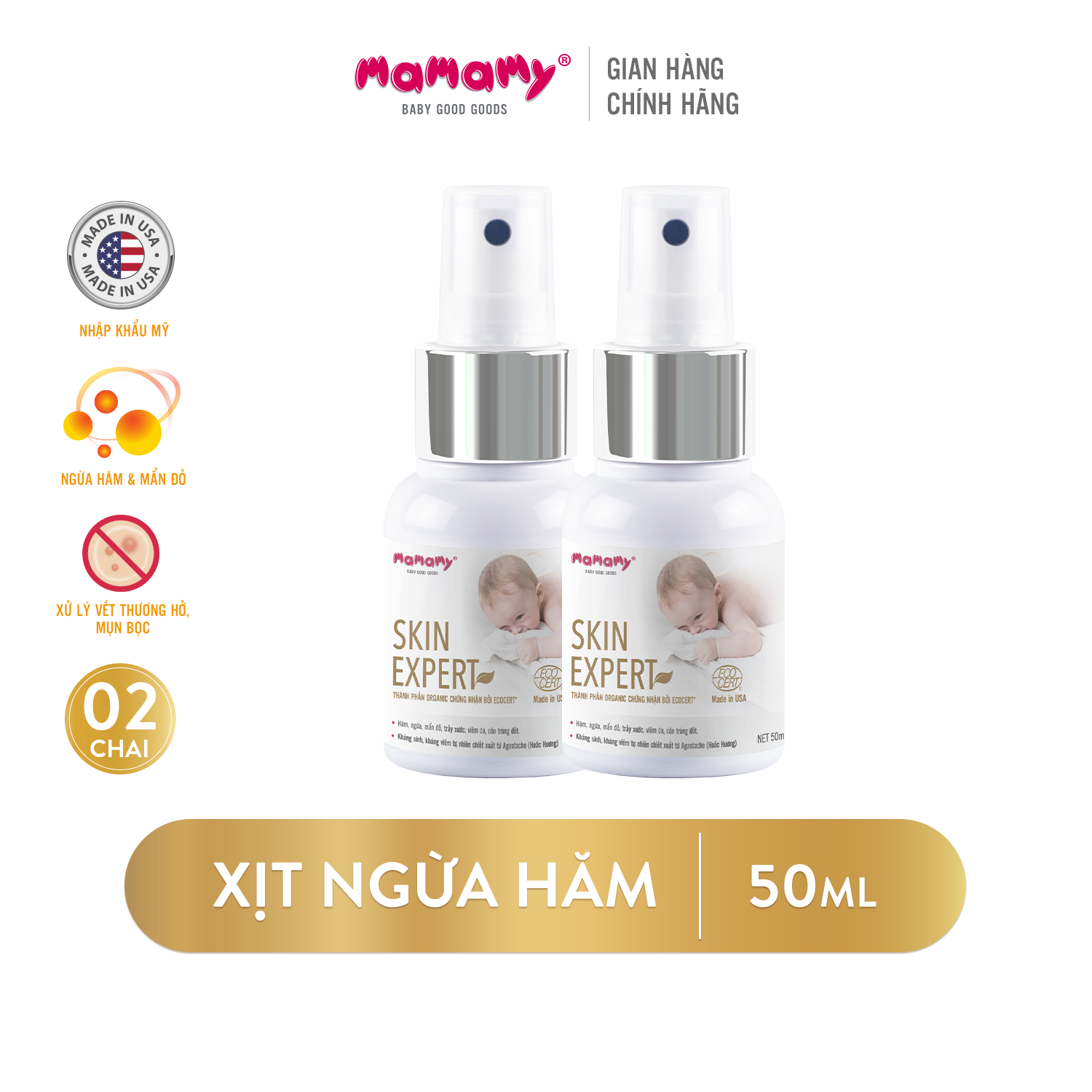 Combo 2 chai xịt kháng khuẩn 50ml Mamamy dùng thay kem hăm xịt nốt muỗi đốt không paraben bảo vệ da an toàn cho trẻ sơ sinh