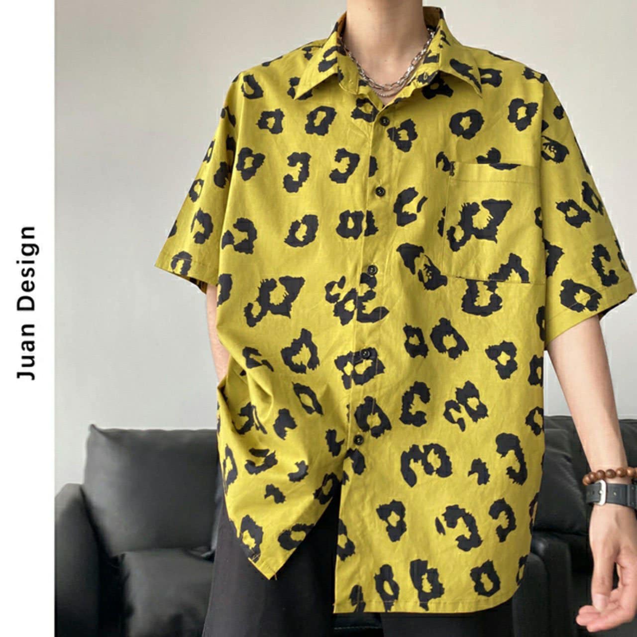 Áo sơ mi tay lỡ nam nữ in hình VÂN BEO cực hot màu vàng
