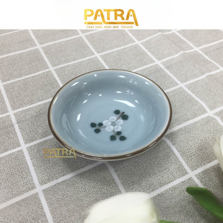 Đĩa đựng gia vị, bát mắm sứ Bát Tràng cao cấp men lam ngọc vẽ đào trắng