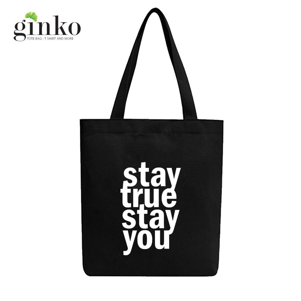 Túi Tote Vải Canvas Ginko kiểu basic có dây kéo khóa miệng túi đựng vừa laptop 14 inch và nhiều đồ dùng khác Phong Cách ulzzang Hàn Quốc In Hình Stay True Stay You B05