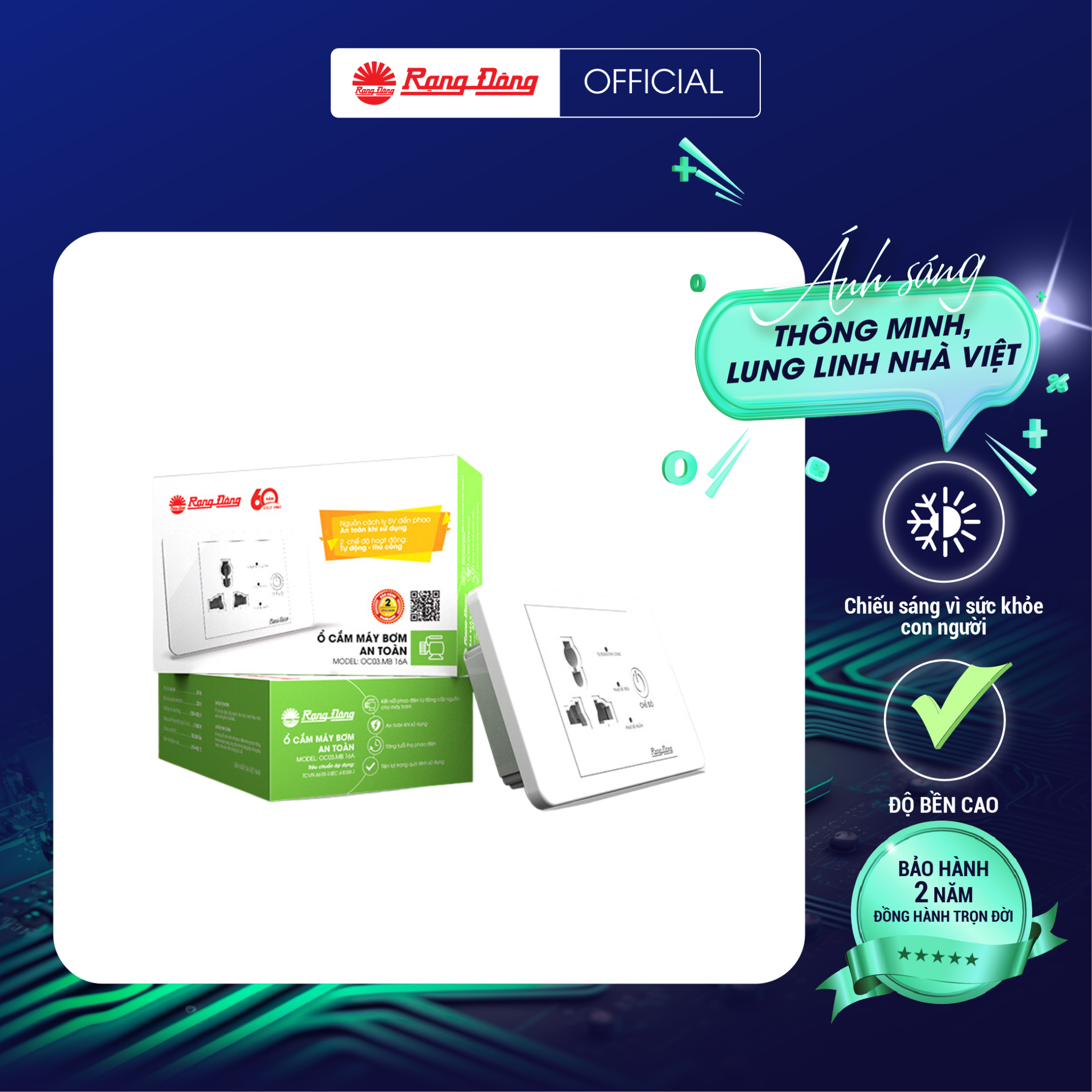 Ổ cắm máy bơm an toàn thương hiệu Rạng Đông Model: OC03.MB 16A, sử dụng nguồn cách ly điện áp thấp 5V đến phao điện tại các bể, an toàn cho người sử dụng