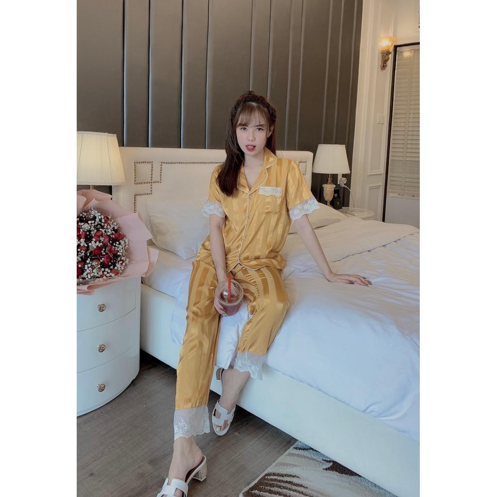 Bộ pijama tay ngắn quần dài phối ren, đồ bộ họa tiết sọc hot trend mẫu mới