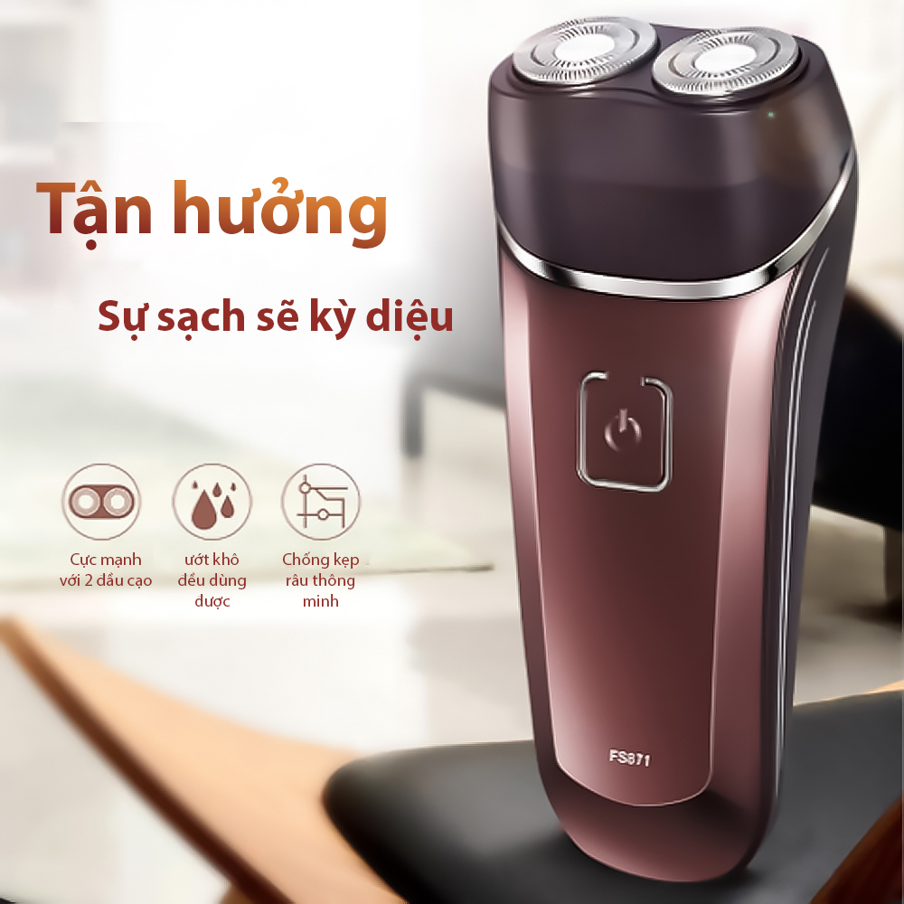 Máy cạo râu phong cách thời thượng sang trọng với 2 đầu cạo sát với đường cong khuôn mặt, thiết kế đầu cạo với 2 vòng xoáy cực linh động, đèn led chỉ thị sạc pin thích hợp cho các bạn nam - FS871