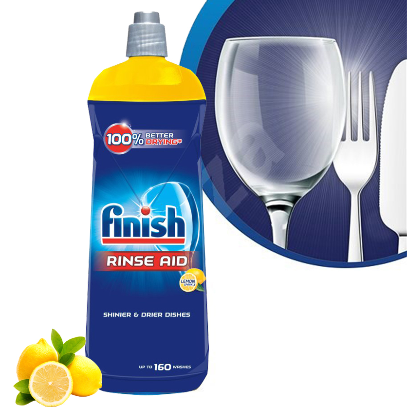 Nước làm bóng và khô chén, đĩa Finish Dishwasher Rinse Aid Shinier &amp; Drier Dishes Lemon Sparkle 800ml QT004996 - hương chanh