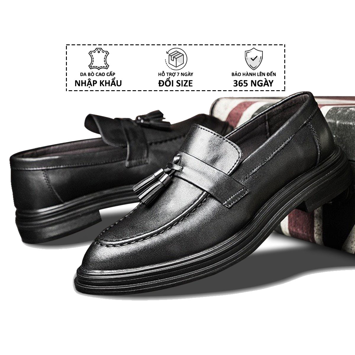 Giày Tây Lười Nam Penny Loafer Băng Chuông Sang Trọng Lịch Lãm Da Bò Nguyên Tấm Lót Eva Đế Cao Su Tăng Cao 3,5cm