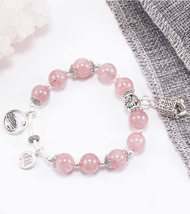 Vòng Tay Phong Thủy Đá Thạch Anh Hồng Phối Charm Đèn Lồng Bạc Mệnh Hỏa, Thổ Ngọc Quý Gemstones