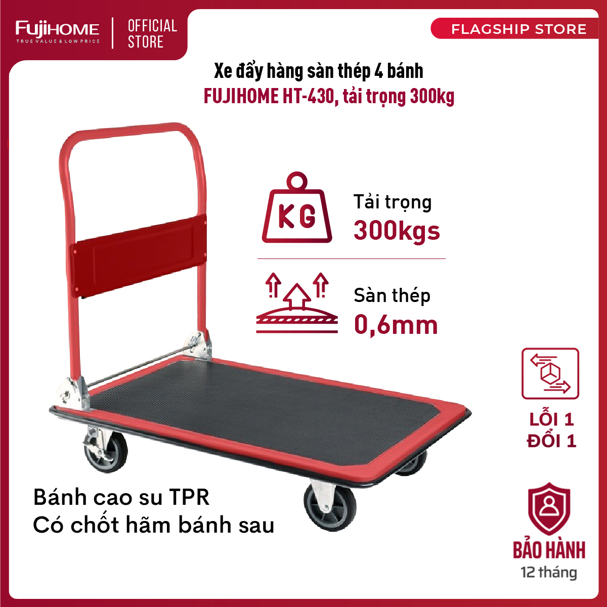 Xe đẩy hàng 4 bánh gấp gọn sàn thép FUJIHOME HT-430- bánh xe cao su TPR không ồn có chốt hãm