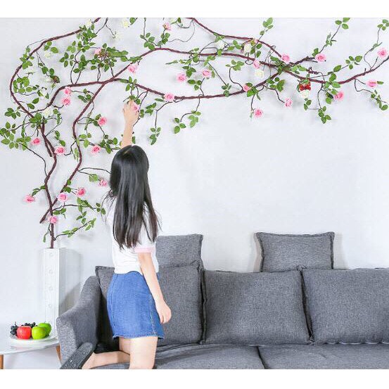 Hoa lụa cao cấp, dây hoa hồng leo loại 2m gốc cây cổ trang trí nhà cửa, decor nhà hàng, quán cà phê sang trọng HL-03