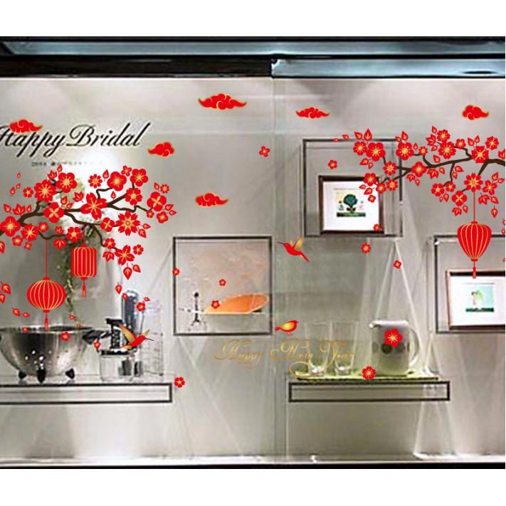 Decal trang trí tết - Cành Mai đỏ lồng đèn chữ HPNY vàng ánh