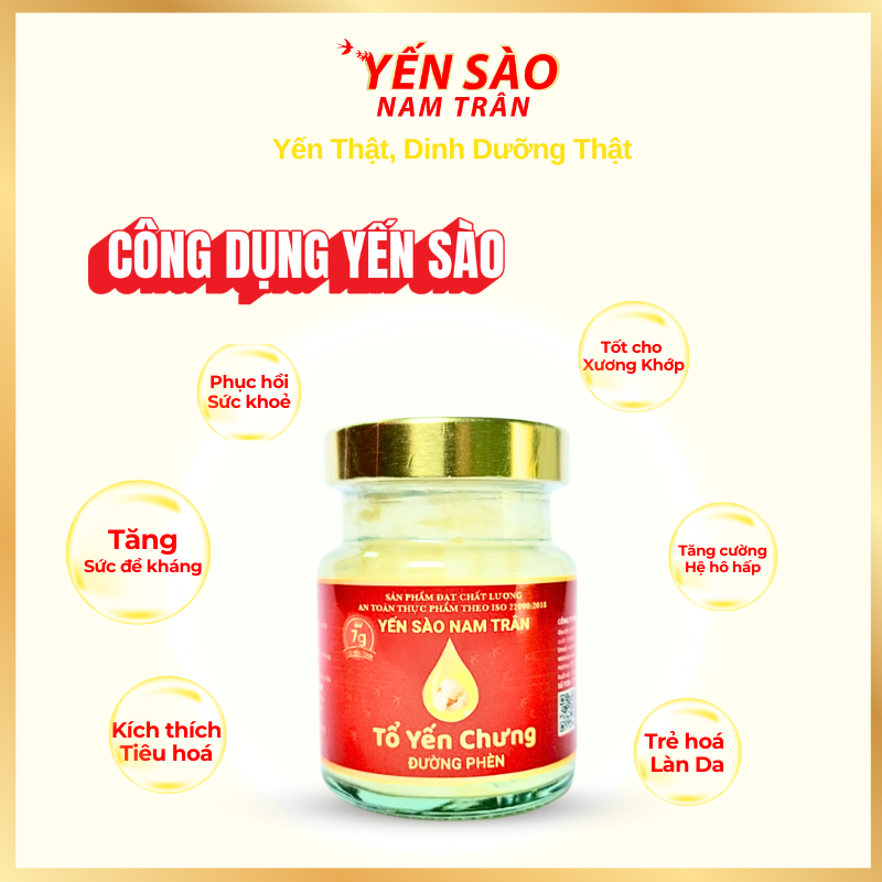 Yến chưng Đường Phèn NAM TRÂN 7 gram Tổ Yến Tươi giúp Bồi bổ sức khoẻ. Hộp ( 6 lọ x 70 ml )