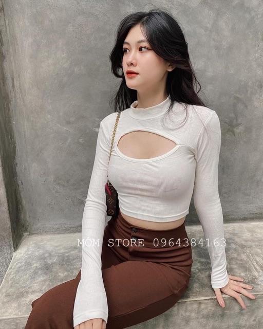 Áo croptop thun gân tay dài hh.vintage [ẢNH THẬT 100