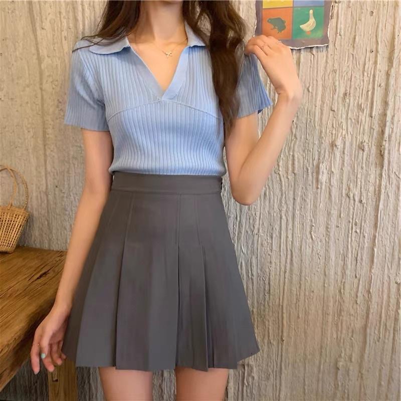 Áo thun nữ croptop polo len tăm kiểu cổ v tay ngắn đẹp - Áo đẹp hàng Quảng Châu cao cấp