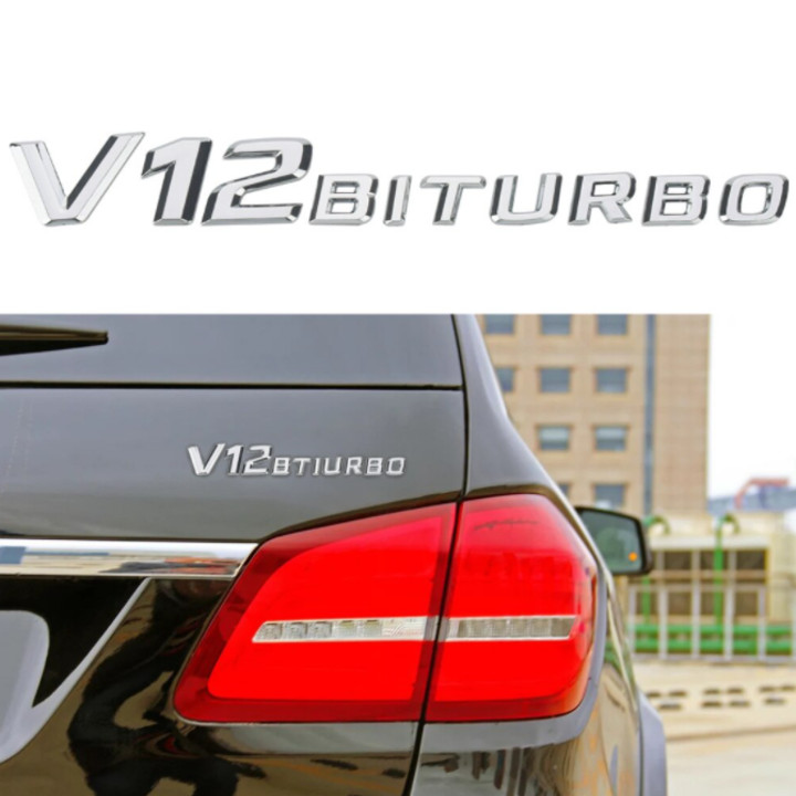 Decal tem chữ V12-Biturbo dán hông xe ô tô - Chất liệu nhựa ABS cao cấp được mạ Crom - Kích thước: 20x2.3cm - 2 màu: Đen và Bạc