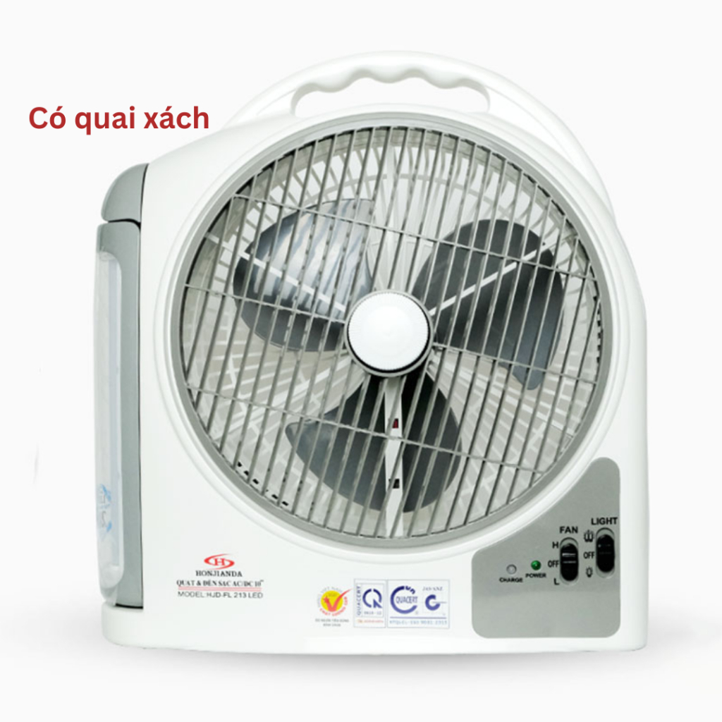 Quạt Sạc Tích Điện Dạng Hộp AC&amp;DC 10 inch Honjianda FL213 loại 2 bình có đèn LED - Hàng Chính Hãng