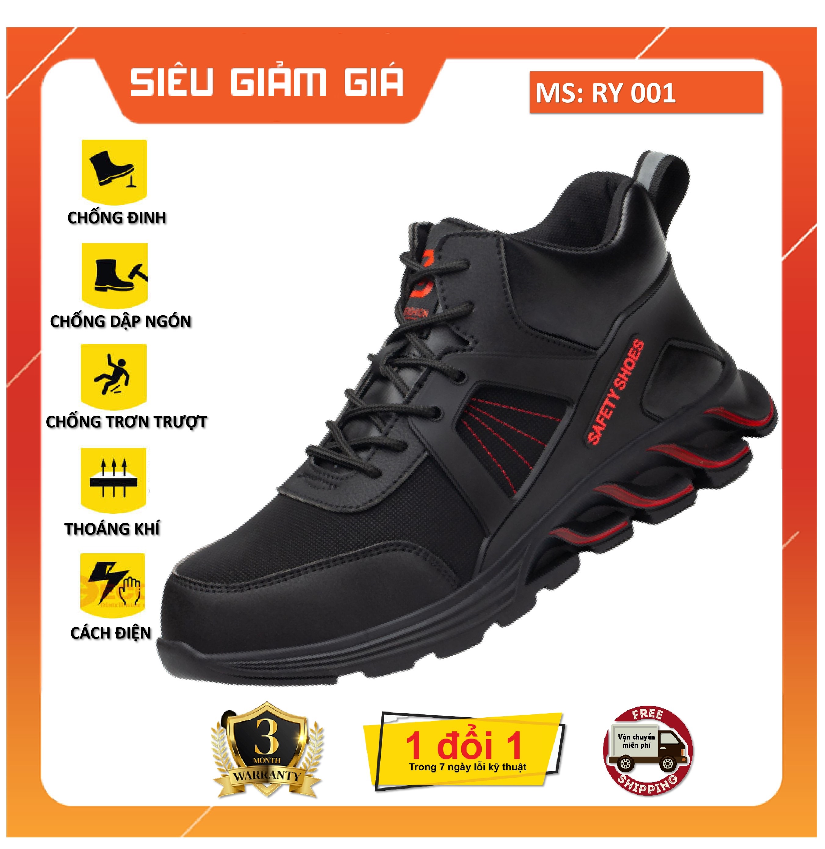 Giày Bảo Hộ Lao Động RY001, Thể Thao, Chống Trơn Trượt, Chống Đinh, Chống Va Đập, Siêu Nhẹ, Thoáng Khí, Mẫu Mới 2023, Nhập khẩu Trung Quốc, Tặng Kèm Vớ