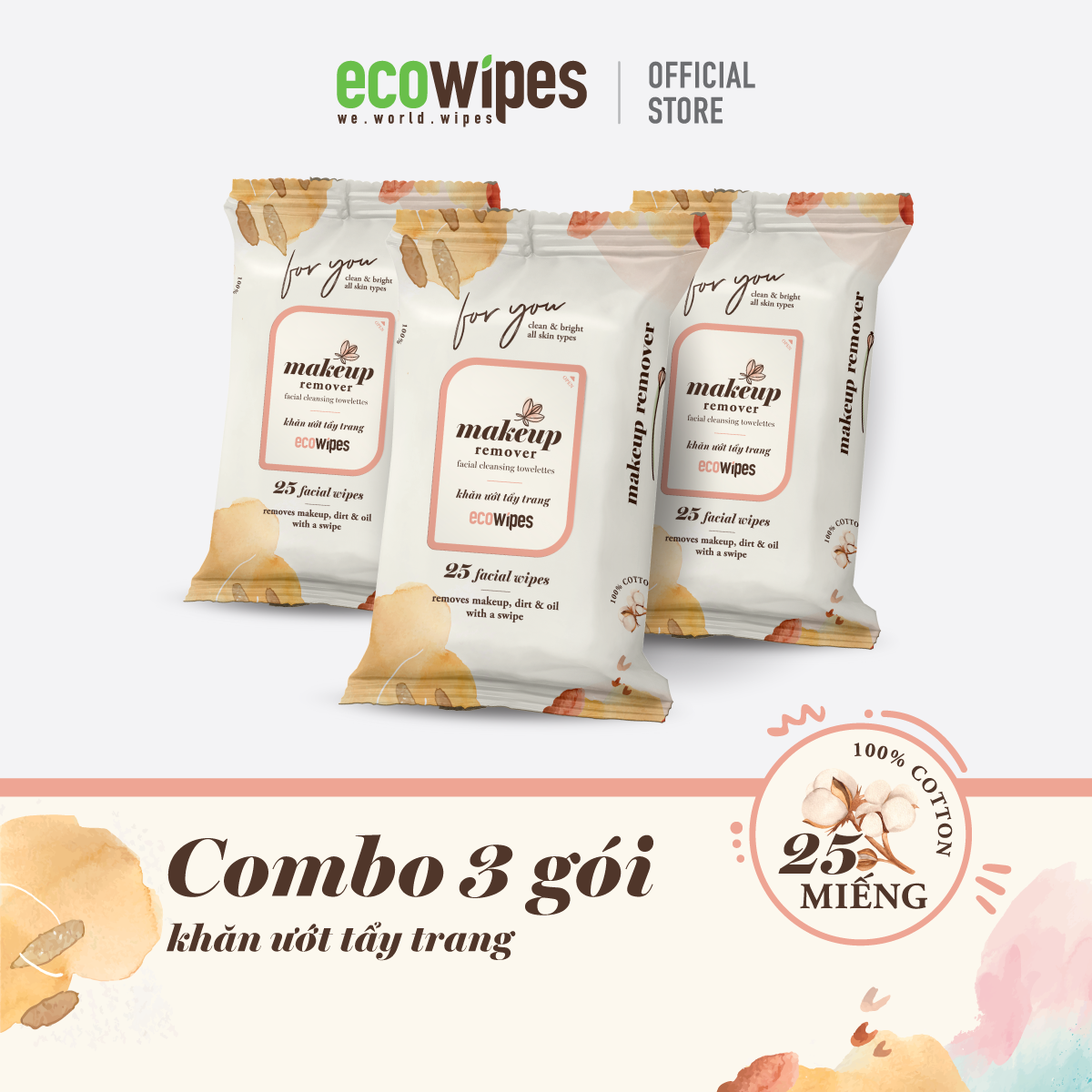 Combo 3 gói khăn giấy ướt tẩy trang Makeup Remover Ecowipes gói 25 tờ làm sạch lớp trang điểm nhanh chóng