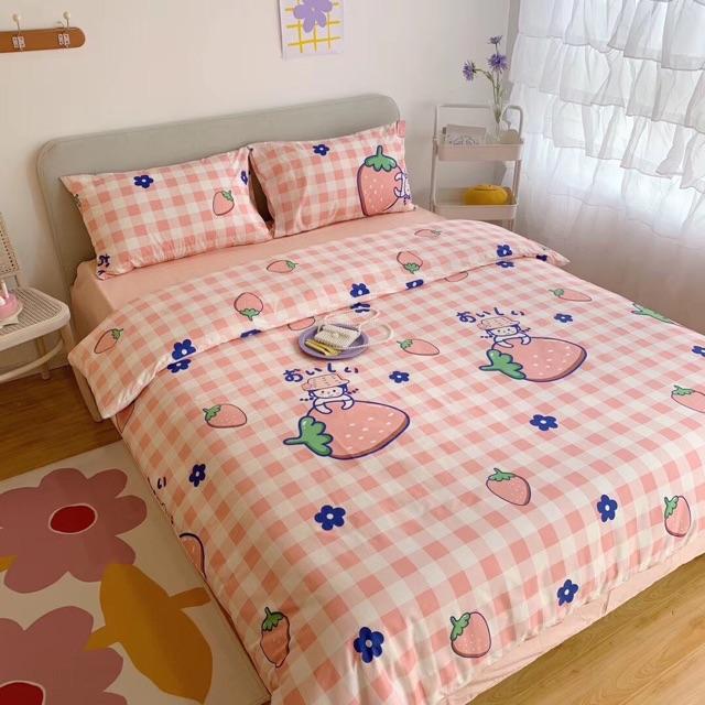 Set Cotton Living Hàng Nhập Khẩu Cao Cấp 4 Món Cô Bé Dâu