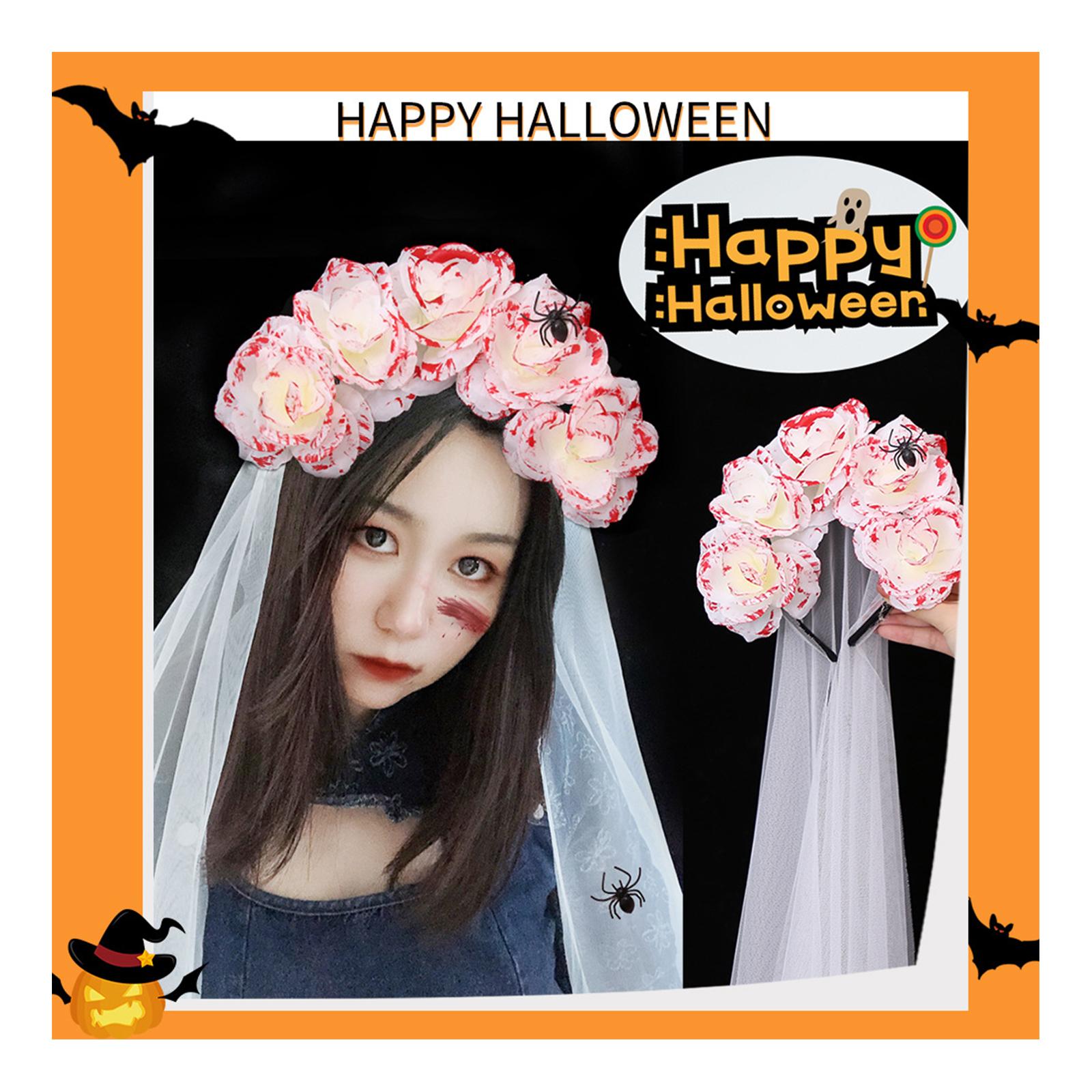 Băng Đô Hóa Trang Halloween Có Màng Che Mặt Gắn Hoa Hồng Trên Đầu