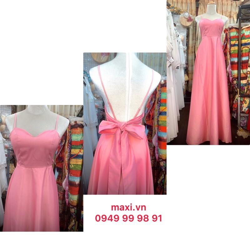 Đầm maxi hai dây cột nơ lưng chất phi cao cấp sang trọng