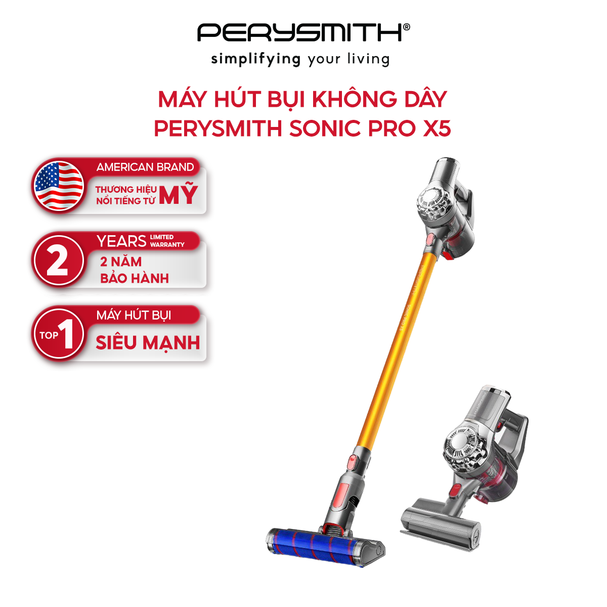 Máy hút bụi không dây cầm tay PerySmith Sonic Pro X5 lực hút mạnh 30000PA - Hàng chính hãng