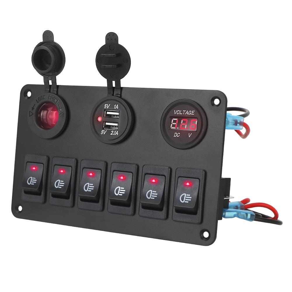 Bảng công tắc bật tắt DC 12V/24V 6 cổng USB cho xe hơi