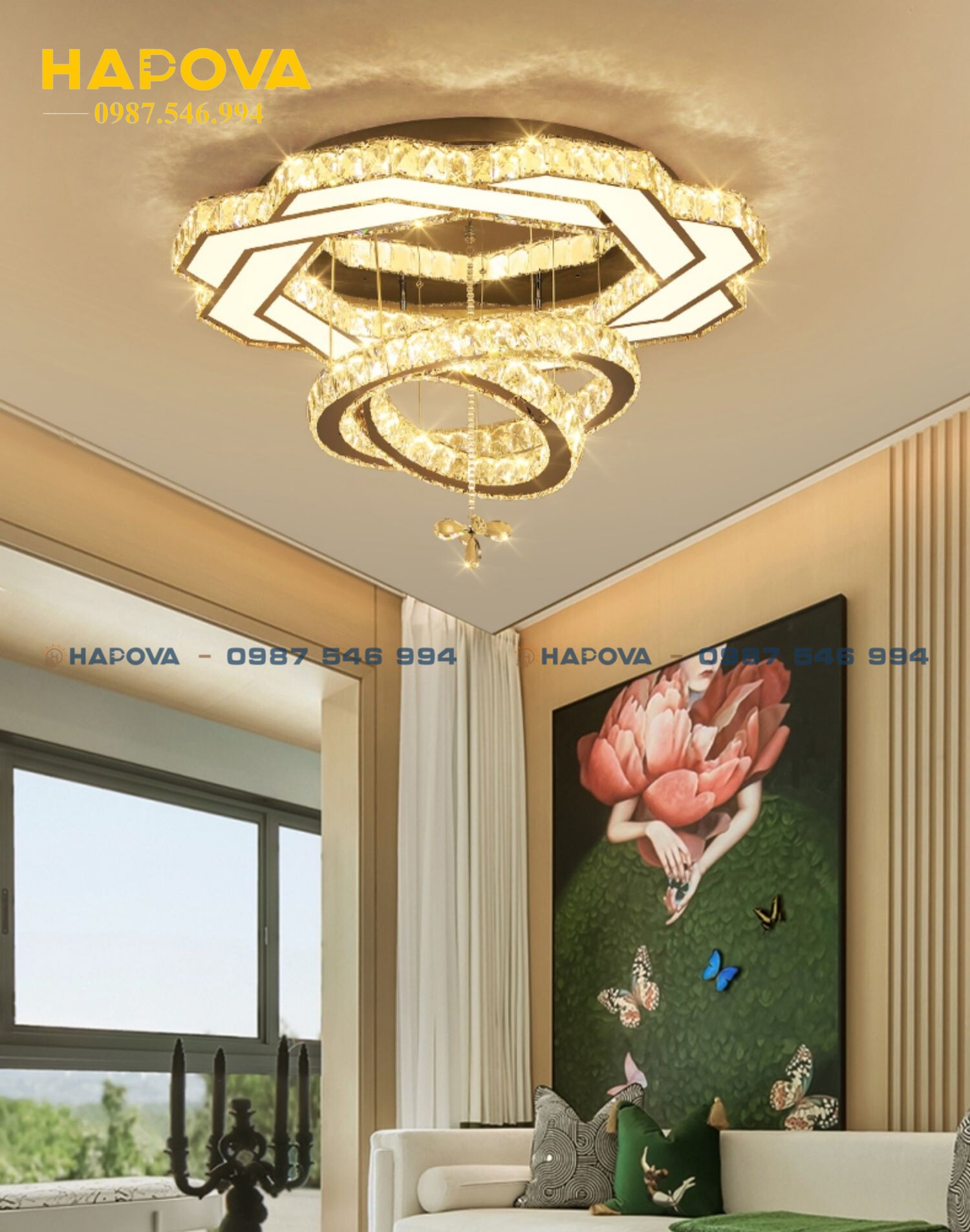 Đèn led mâm ốp trần phòng khách 3 chế độ sáng HAPOVA CIARA 394 D800