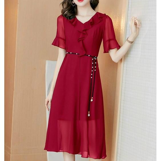 Đầm voan nữ trung niên cách điệu dự tiệc công sở dạo phố đỏ đen đơn giản