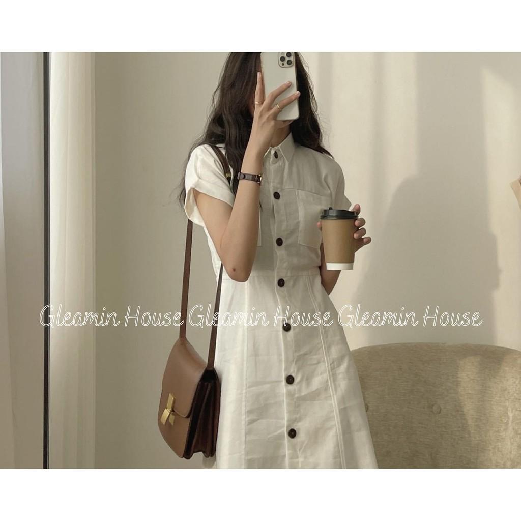 Váy đũi/thô mát túi ngực cổ đức 1 hàng cúc /Đầm linen cổ sơmi suông 3 màu