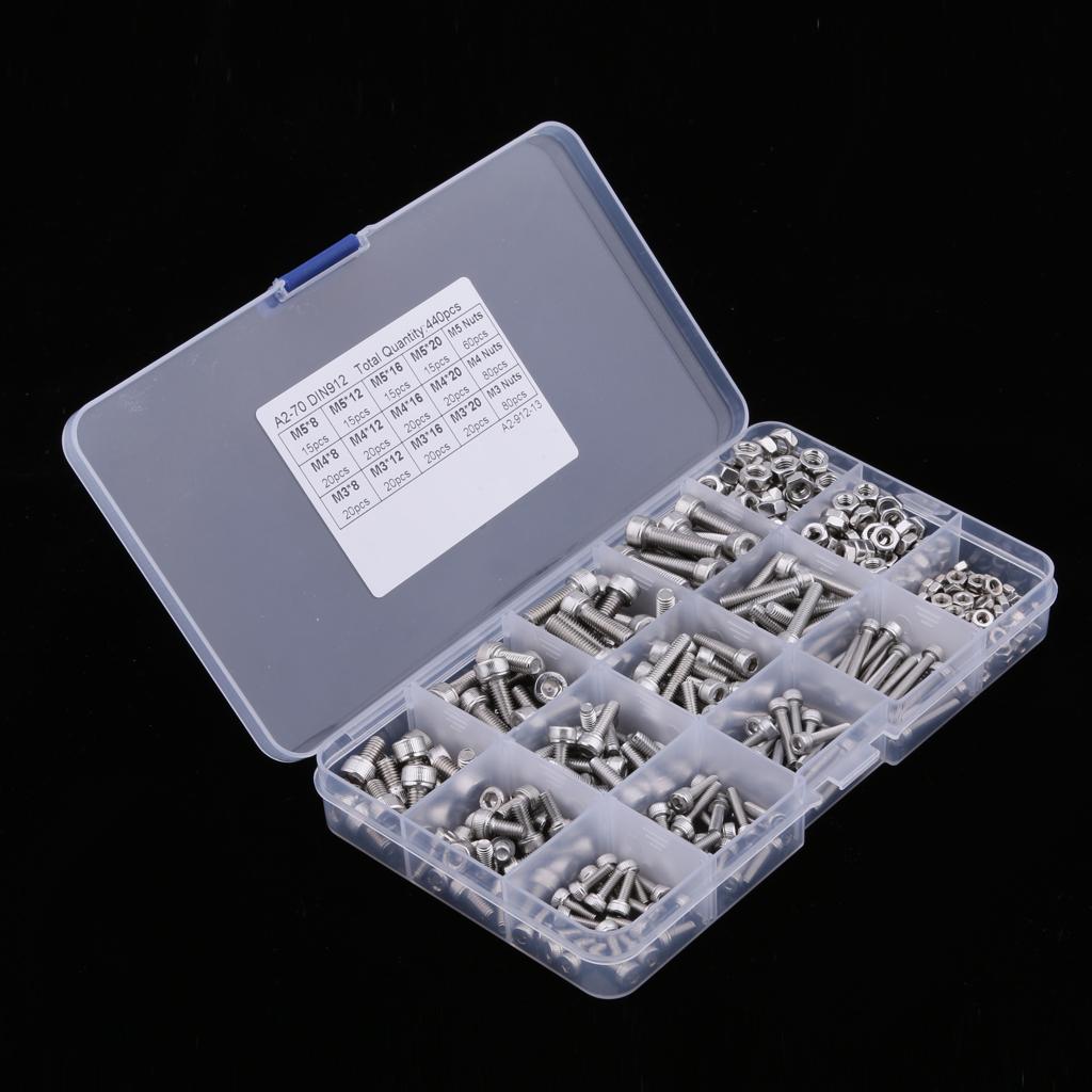 New 440pcs M3 M4 M5 304 Stainless Steel Hex Socket Head Bolts Screws Nuts Kit