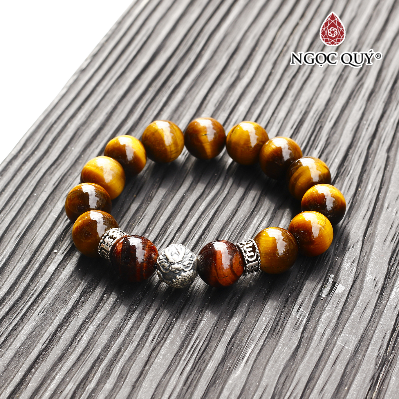 Vòng đá thạch anh mắt hổ phối charm rồng bạc mệnh thổ kim - Ngọc Quý Gemstones