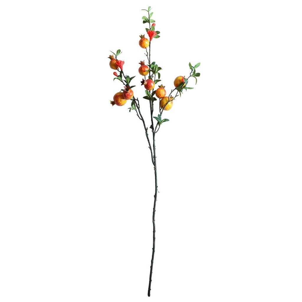 Cành lựu giả - 09 quả 02 hoa - Dài 100 cm - Màu cam, đỏ - Quả to 5 cm, quả nhỏ 4 cm - Cây giả, hoa lụa Decor trang trí nhà cửa
