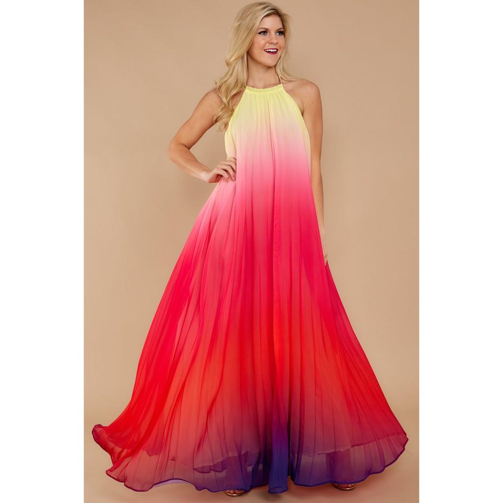 ĐẦM MAXI CỔ YẾM DẬP LY CẦU VỒNG SIÊU HOT