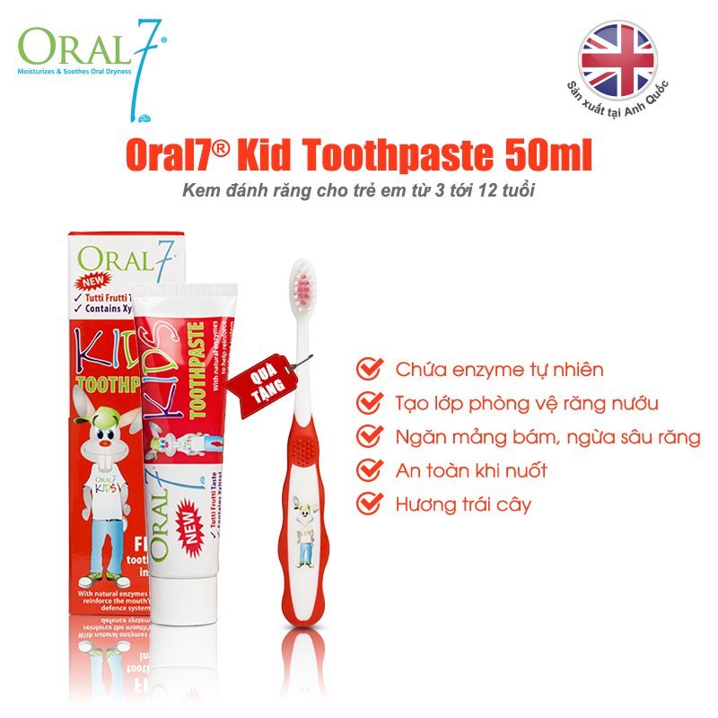 Kem đánh răng trẻ em Oral7 nuốt được, vị trái cây 50ml (cho bé từ 3-12 tuổi)