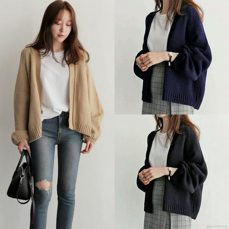 Áo khoác Cardigan dệt kim tay dài màu trơn thiết kế dáng rộng thoải mái