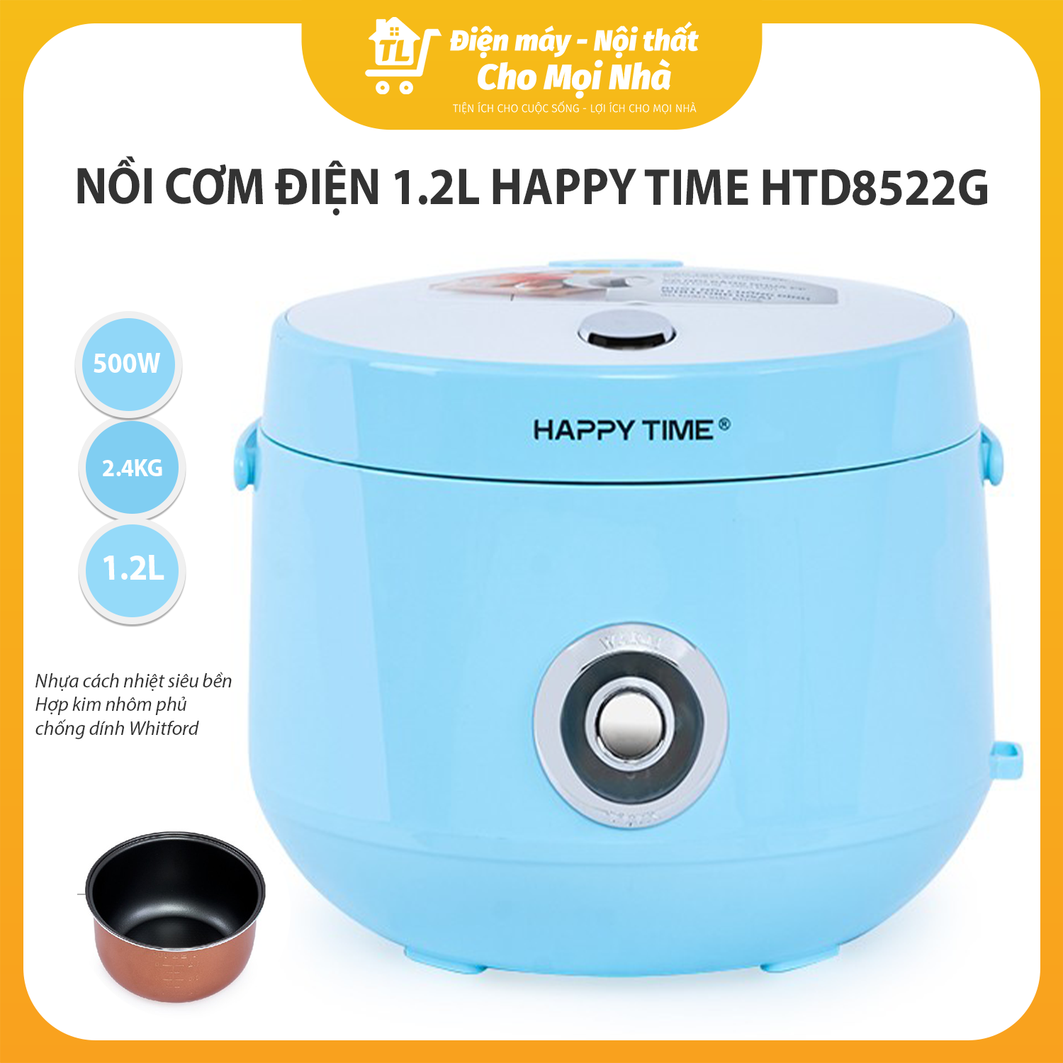 Nồi Cơm Điện Nắp Gài Happy Time Sunhouse HTD8522G (1.2 lít) - Xanh - Hàng chính hãng