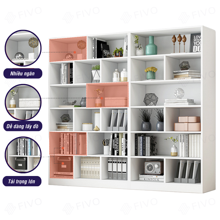 Giá Kệ Sách Để Sàn 5 Tầng Gỗ Cao Cấp Màu Trắng FIVO Mã FB70 Gỗ MDF Phủ Melamine Chống Thấm Bề Mặt Phù Hợp Với Nhiều Không Gian