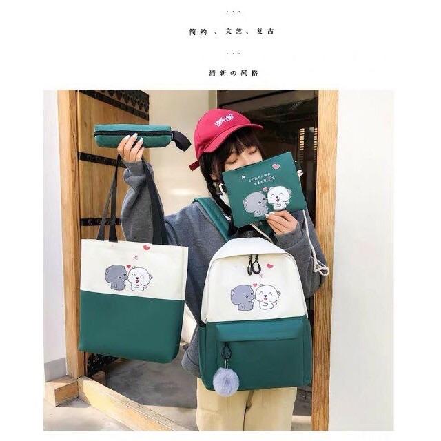 Balo thời trang, balo đi học, đựng laptop Balo Set 4 Món 2 Chú Cún Cute balo nữ vải