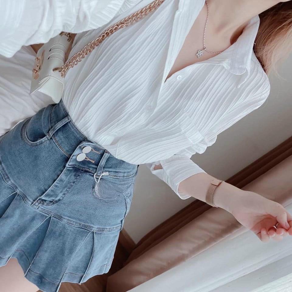 Áo Sơ Mi Nữ Dài Tay Đũi Gân Dáng Công Sở Trơn