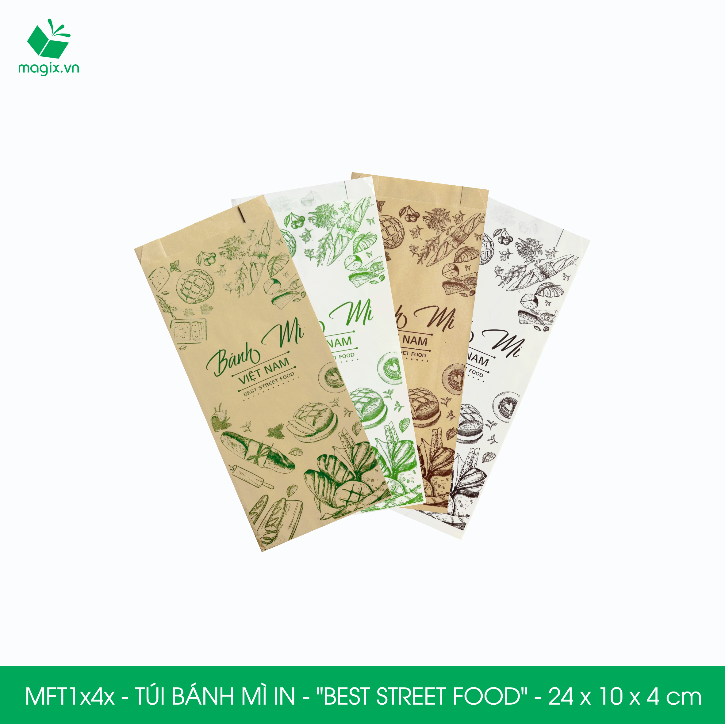 Combo 100 Túi bánh mì 24x10x4 cm - In sẵn họa tiết BEST STREET FOOD - Bao bánh mì Túi giấy thực phẩm an toàn