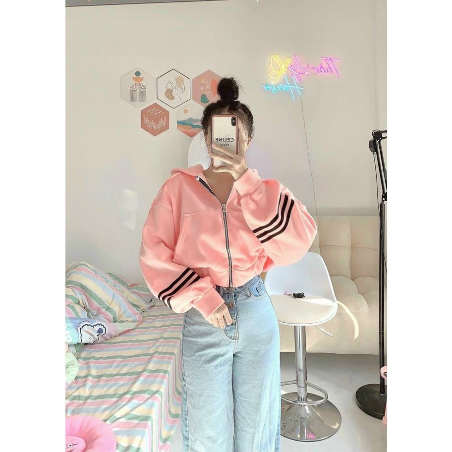 Áo Khoác Hoodie Nữ Kiểu Croptop Phối Viền Sọc Tay Có Nón Vải Thun Nỉ Ngoại Mềm Mịn( Nhiều Màu)