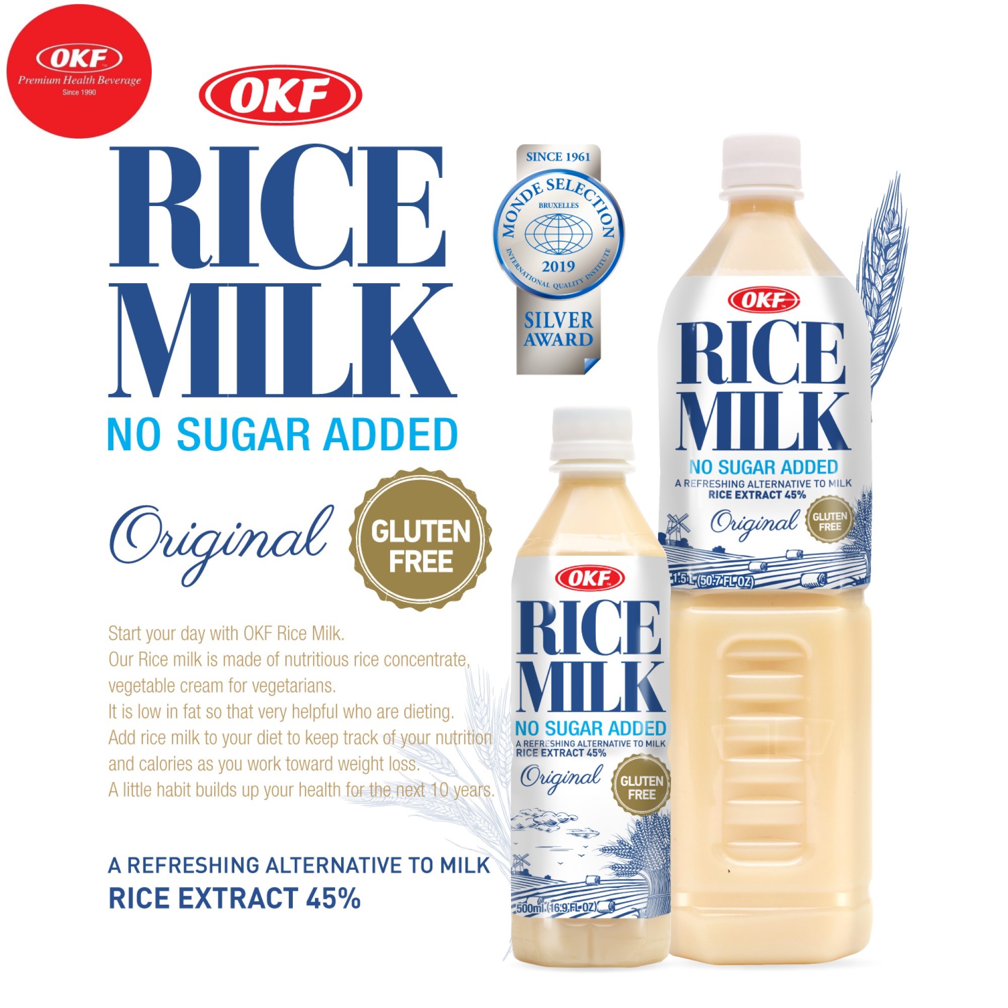 Sữa gạo không đường RICE MILK 1.5L x 2 chai OKF Hàn Quốc
