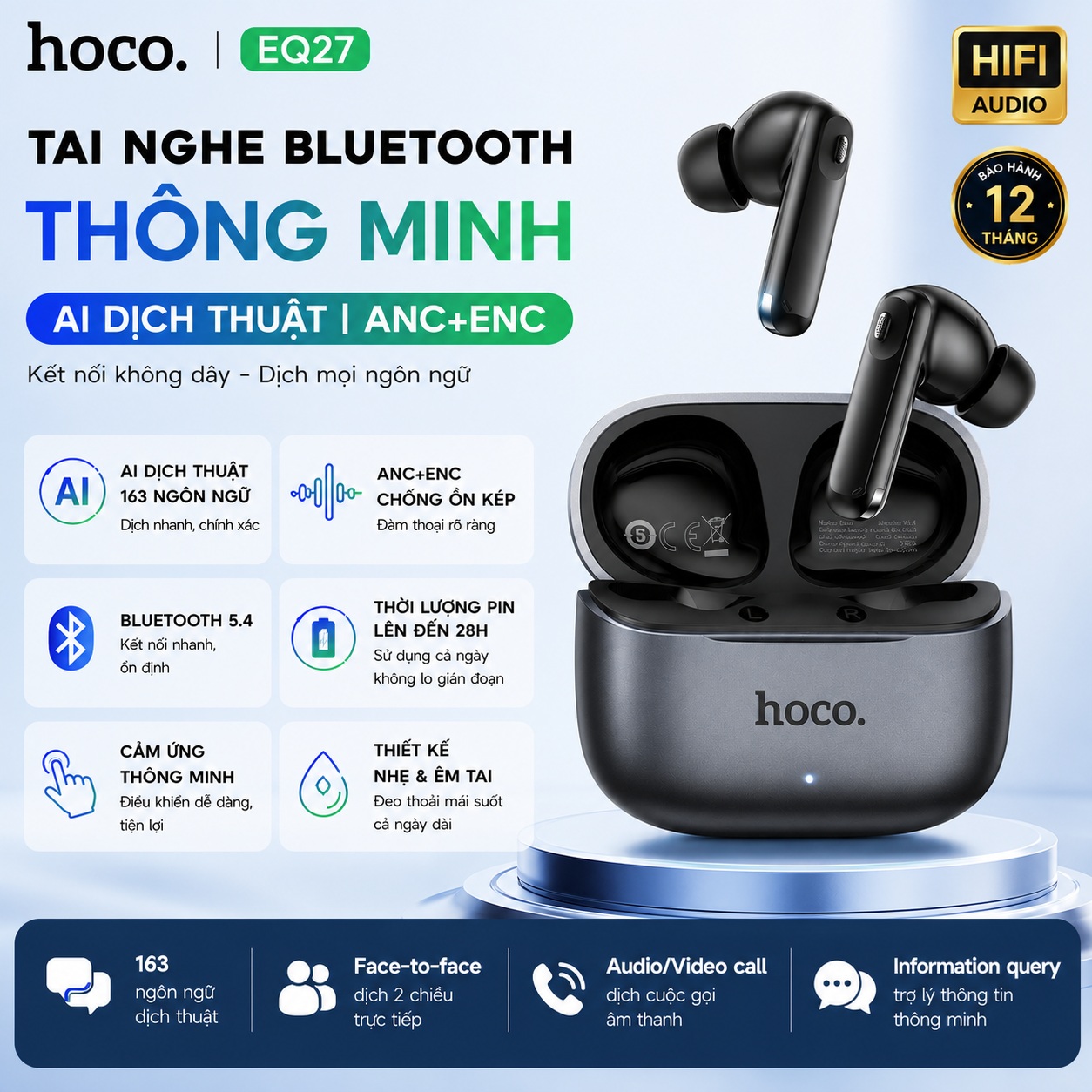 Tai nghe Bluetooth phiên dịch AI thông minh Hoco EQ27 Fun chống ồn ANC+ENC, Bluetooth 5.4, pin trâu 7h, hỗ trợ dịch thuật 134 ngôn ngữ khi gọi điện, trò chuyện, video call- Hàng chính hãng