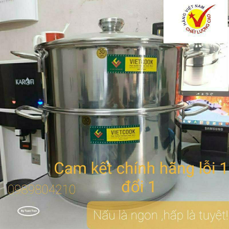 Bộ nồi xửng hấp inox ,xửng hấp inox 2 tầng 3 đáy nắp kính,nắp inox VietCook đun bếp từ size 28 kêt hợp chõ hấp xôi