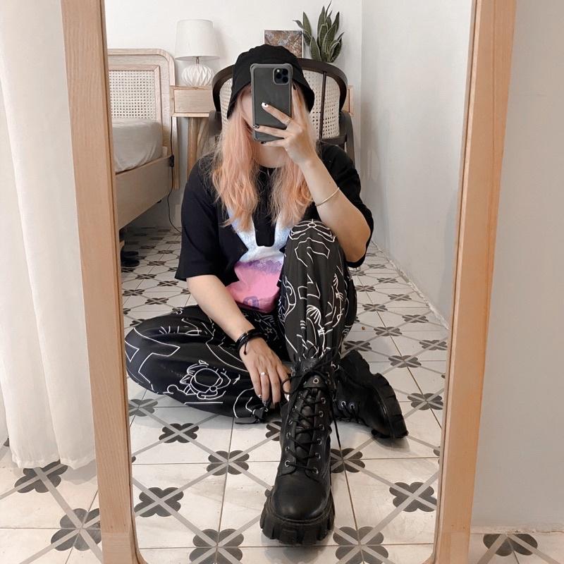 Quần Jogger Thun Unisex có dây rút HOẠ TIẾT MÈO màu ĐEN/TRẮNG ️