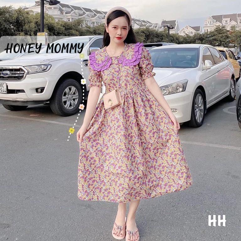 Váy Bầu Babydoll Hoa Nhí Cổ Bèo HD2829 Honey Mommy Đầm Bầu Hoa Ngắn Tay Mùa Hè Đi Chơi Công Sở Cổ Tròn