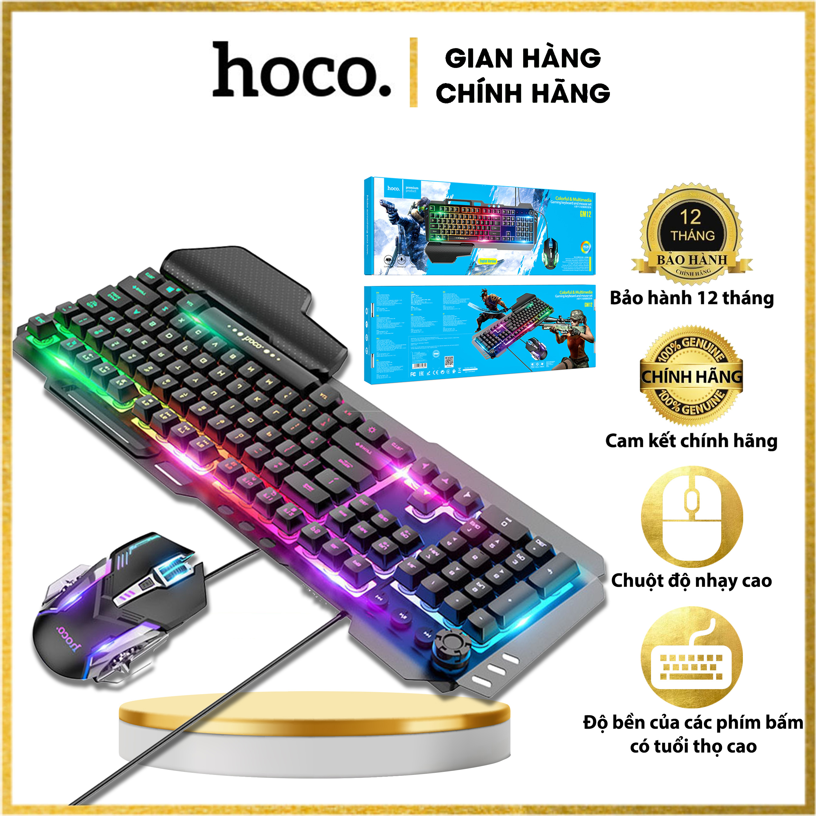 Bộ bàn phím và chuột chơi game HOCO GM12 Light and shadow RGB led đổi màu -giả cơ, vật liệu thân: ABS + silicone lỏng -  Hàng chính hãng