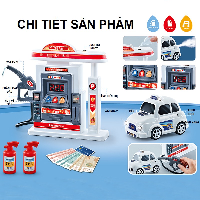 Xe ô tô đồ chơi trẻ em mô hình trạm xăng có đèn nhạc và khói cho bé, quà tặng sinh nhật cho bé