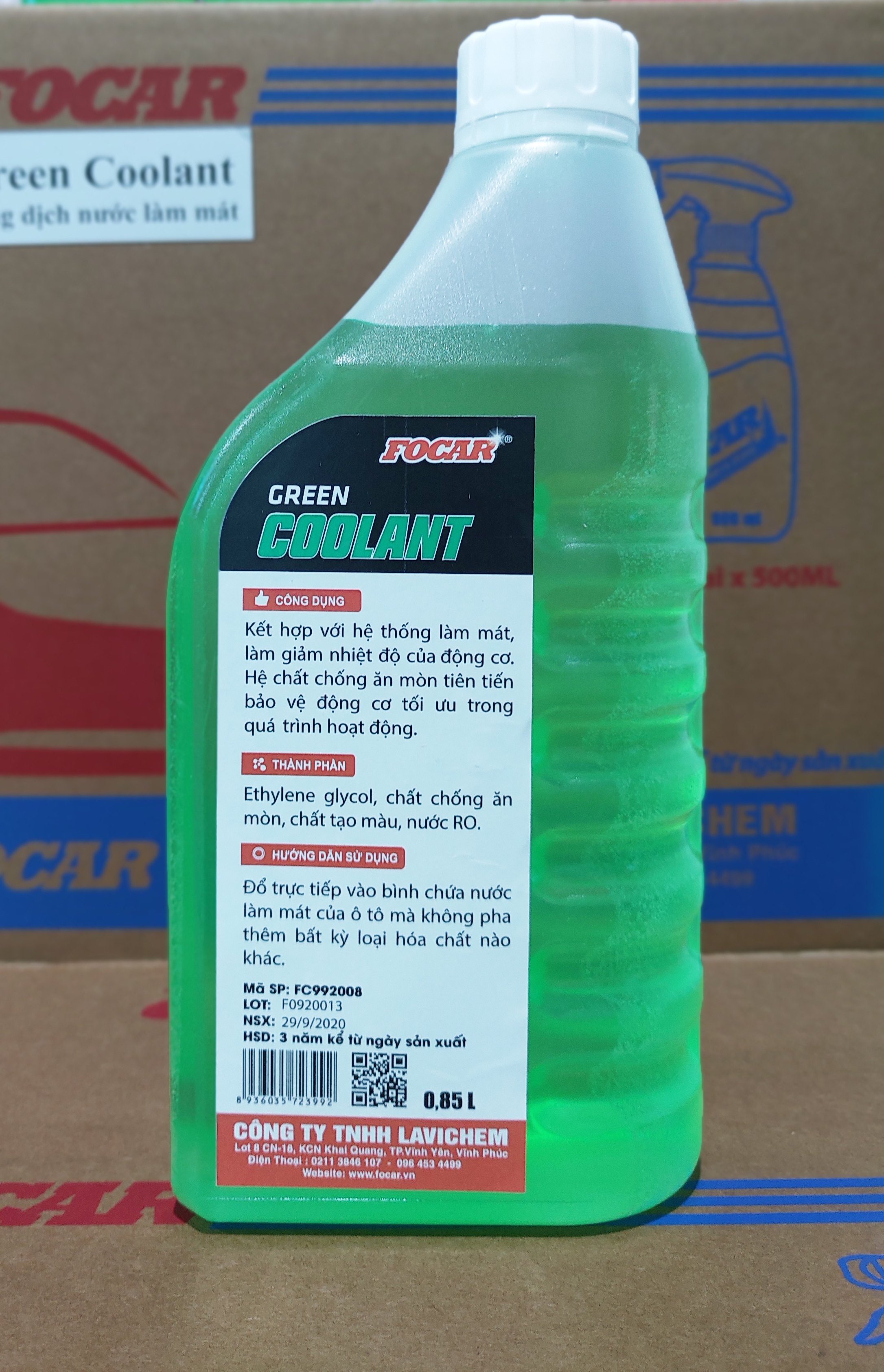 Nước làm mát động cơ ô tô xe máy, nước làm mát máy FOCAR Green Coolant 850ML (Màu xanh) tiêu chuẩn ISO 9001:2015