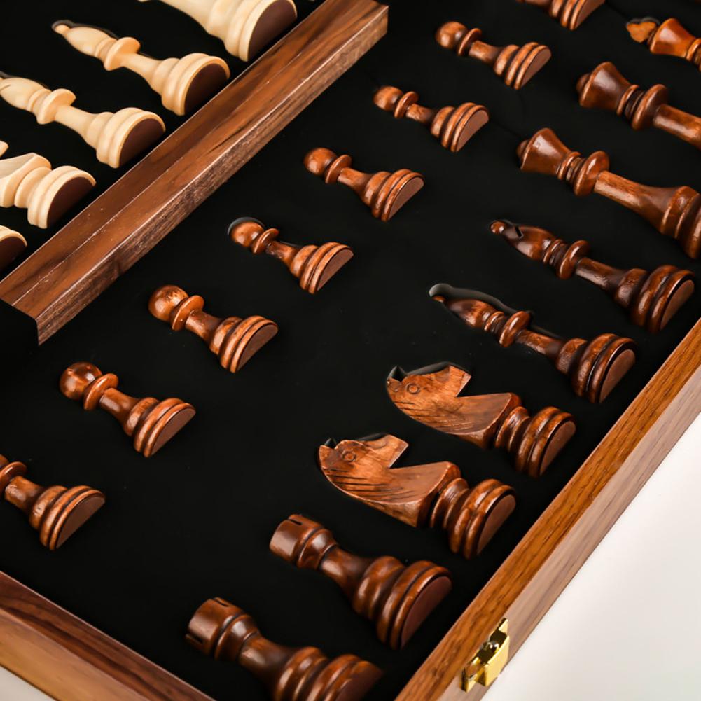 Wooden Chess Board Set 15 Inch International Chess Game Foldable Chess Board with Crafted Chess Pieces and Storage Slots