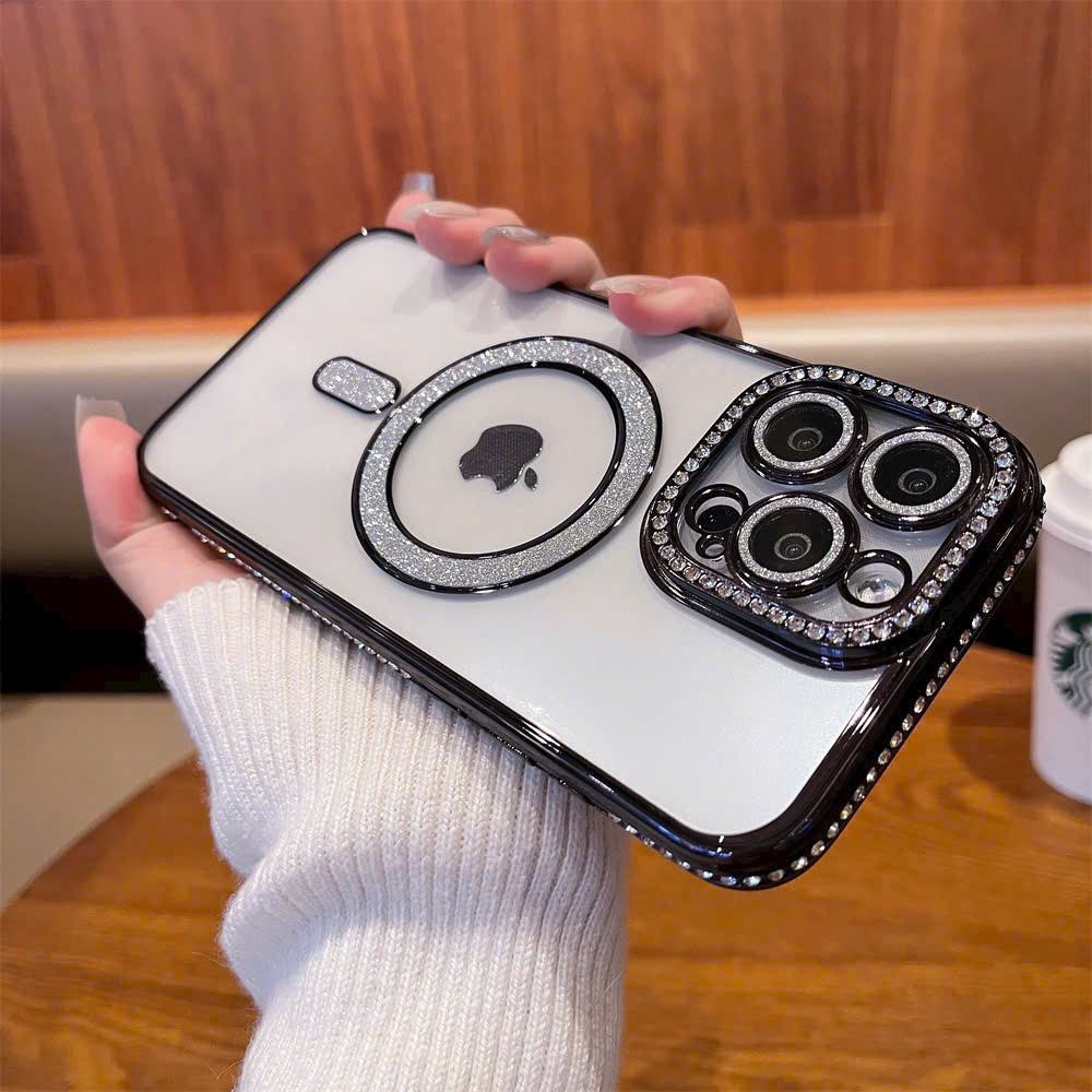 Ốp hỗ trợ sạc từ tính kim tuyến đính đá bảo vệ camera dành cho ip 16 - Hàng nhập khẩu